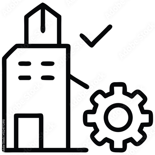 Building Management Approved Outline Icon of a Structure with Gear and Checkmark