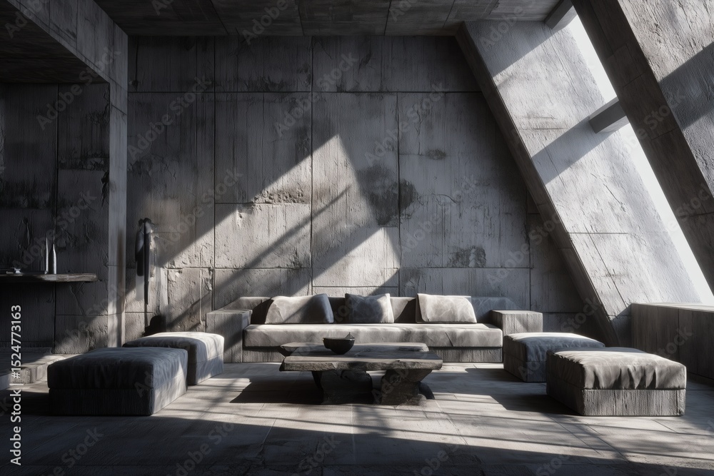 Obraz premium Architectural Concrete Interior with Modern Furniture. Minimalist living room filled with natural light and elegant gray tones.