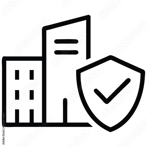 Buildings Secured Symbolizing Property Assurance with a Check Mark Inside a Shield Outline Icon