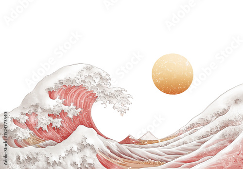 Illustration of pink and gold Japanese waves on white background.
