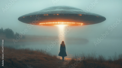 UFO saucer hovering silently over ocean water with reflections on surface, glowing light beam shining down, mysterious alien craft, night scene