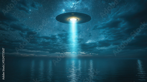 UFO saucer hovering silently over ocean water with reflections on surface, glowing light beam shining down, mysterious alien craft, night scene