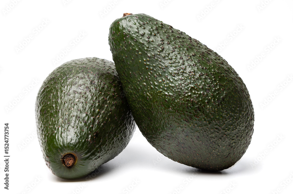 Two Ripe organic green avocado fruits isolated on white background with built-in clipping path Two Ripe organic green avocado fruits isolated on white background with built-in clipping path