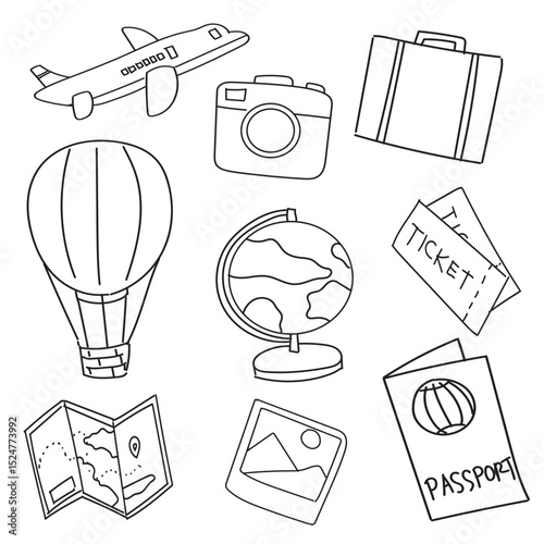 Hand-Drawn Travel Items Illustrating Adventure and Exploration Concepts Vector