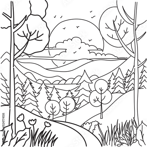 Line Art Illustration of landscapes. Coloring pages for kids and adult
