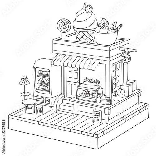 Minimalist line art Illustration of isometric ice cream shop. coloring pages for kids and adult