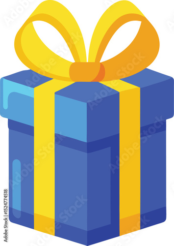 blue gift box with golden yellow ribbon and bow isolated illustration for birthday party celebration or christmas surprise scene