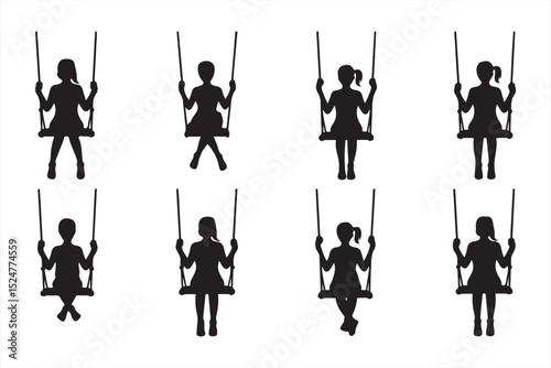 Side View Silhouettes of Kids in Motion on Swings Showing Playful Action and Energy for Outdoor Fun Concepts