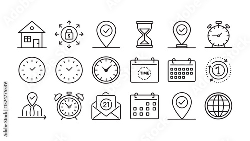 Vector business and education icon set with clock, car, and office symbols for web design