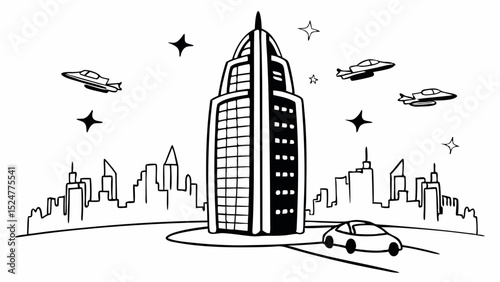 Futuristic city skyline with tall building, flying cars, and stars in a black and white illustration created with generated ai
