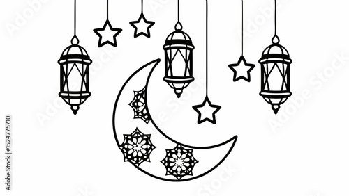 Illustration of hanging lanterns and stars with a crescent moon decorated with motifs design created with generated ai