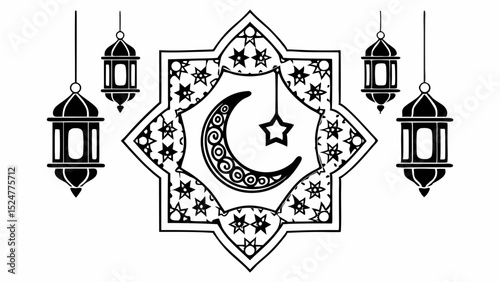 Illustration of ramadan lanterns and crescent moon with star inside geometric star shape design created with generated ai