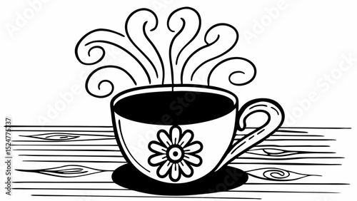 Illustration of a steaming cup of coffee with a flower design on a wooden table surface drawing art created with generated ai