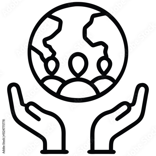Caring Hands Holding a World Globe with People Outline Icon