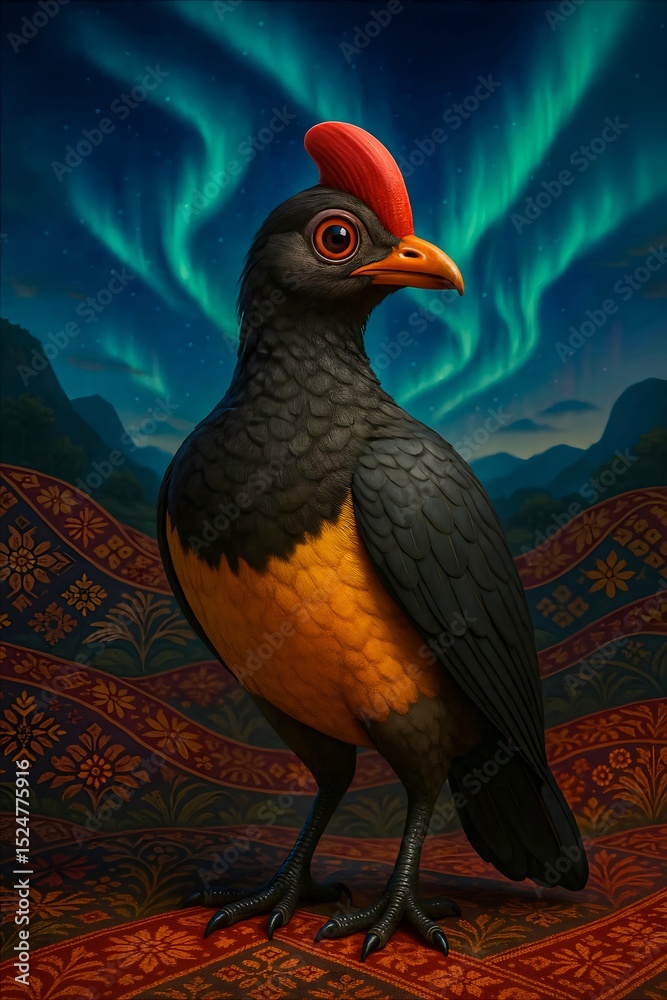 Obraz premium A vibrant Maleo rare bird stands on a batik-inspired textile, beneath the ethereal glow of the aurora borealis