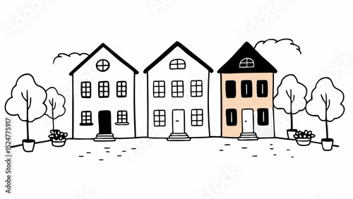 Three cartoon houses with windows and doors in a row with trees and flower pots outside drawn in black and white created with generated ai