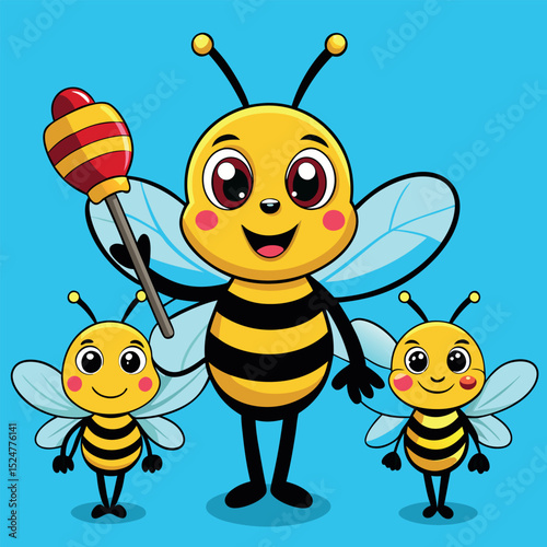 Animated Bees with Honey Dipper on Blue Background Cartoon Graphic