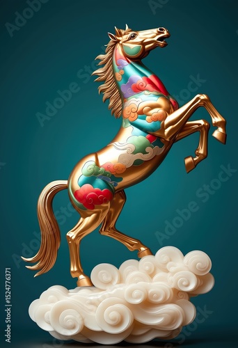 A majestic bronze gold horse statue, adorned with intricate, colorful cloud patterns, rears dynamically on a swirling base. Its confident pose and vibrant design against a teal background