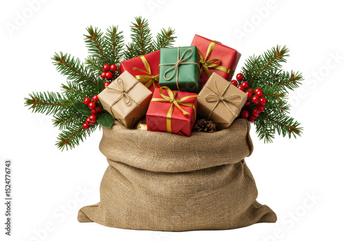 Isolated Burlap Sack Overflowing with Christmas Gifts and Decorations