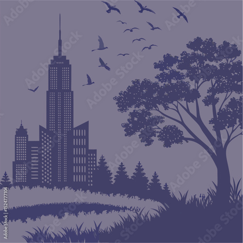City Skyline Silhouette with Flying Birds Modern Urban Landscape with Skyscrapers, Vector Illustrati.