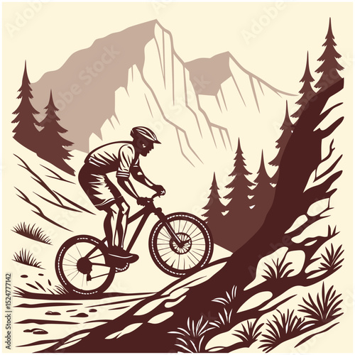 Cyclist Racing on Mountain Trail A high-energy silhouette of a cyclist navigating rugged terrain.