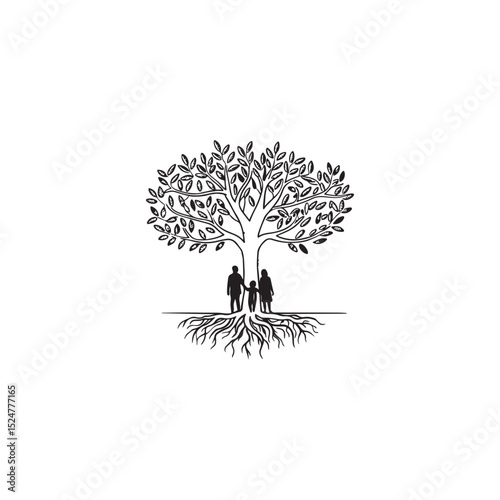 Family Unity Tree of Life Silhouette Symbolizing Growth, Connection, and Harmony, Vector Illustration.