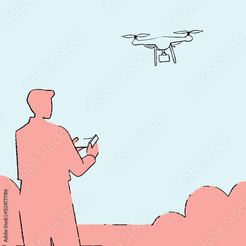 Drone Operator Controlling UAV Silhouette Modern Aerial Technology and Surveillance Vector Illustration.