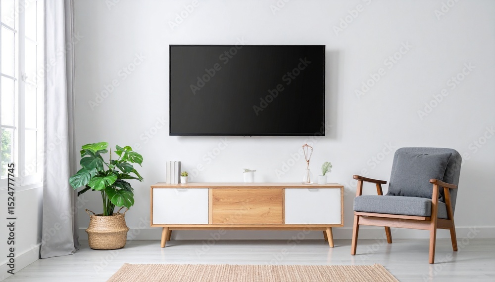 Smart TV on the white wall in living room with armchair,minimal design. Smart TV on the white wall in living room with armchair,minimal design.
