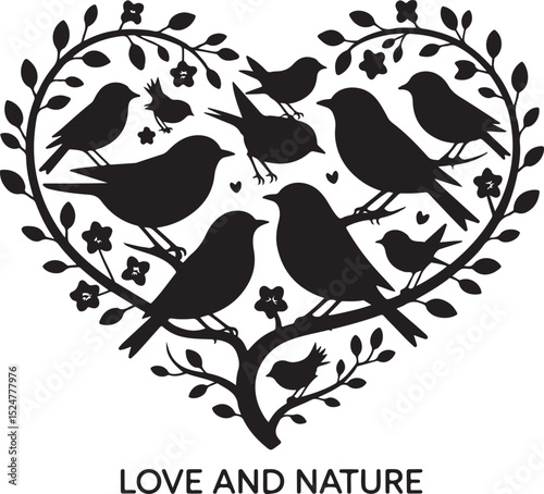 Cute cartoon birds on a spring tree branch with leaves and flowers, a sweet nature illustration