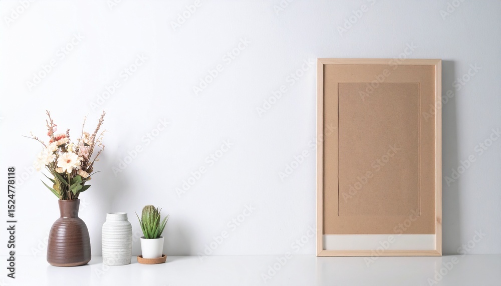 Fototapeta premium Interior poster mock up with plant pot,flower in room with white wall. 