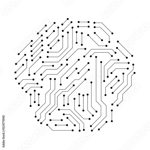 Printed circuit board black and white computer technology elements in a shape of a hex, vector 