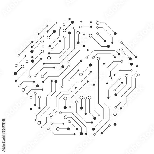 Printed circuit board black and white computer technology elements in a shape of a hex, vector 