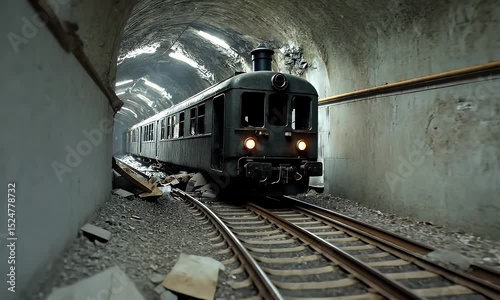 Train moving through old tunnel ruins