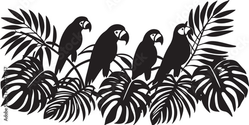 Palm tree silhouettes with tropical birds, parrots, and macaws on branches, embodying nature's design