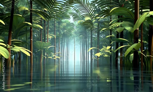 Tranquil jungle river flows through lush forest