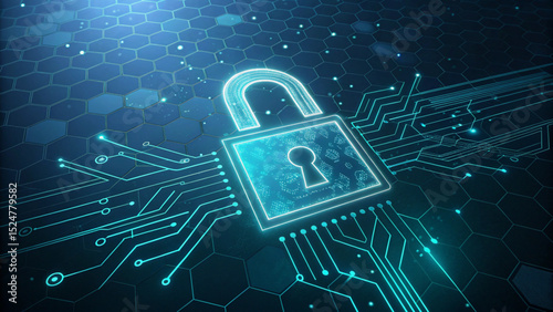 Glowing padlock on a circuit board with hexagonal pattern representing digital security and data protection created with generated ai