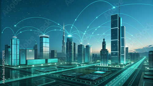 Futuristic city skyline with glowing connections between buildings and a teal color scheme at dusk created with generated ai
