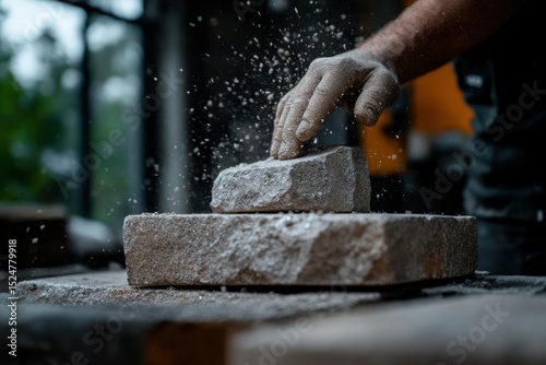 Stone Carver Working on Rock Blocks