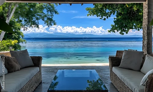 Tropical beach view from lounge patio area