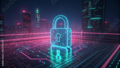 Cyberpunk city skyline with a glowing padlock above a circuit board and neon lights at night time created with generated ai