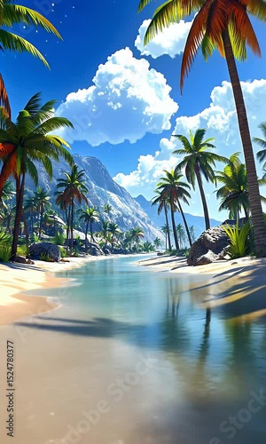 Tropical beach with calm water and palm trees