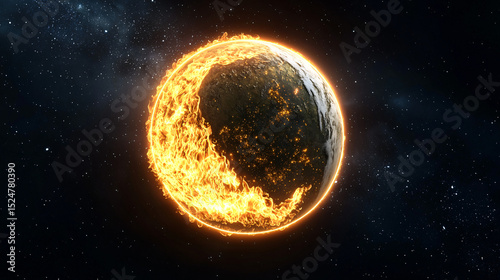 Vibrant planet surrounded by a fiery fireball in the heart of a cosmic landscape of space.