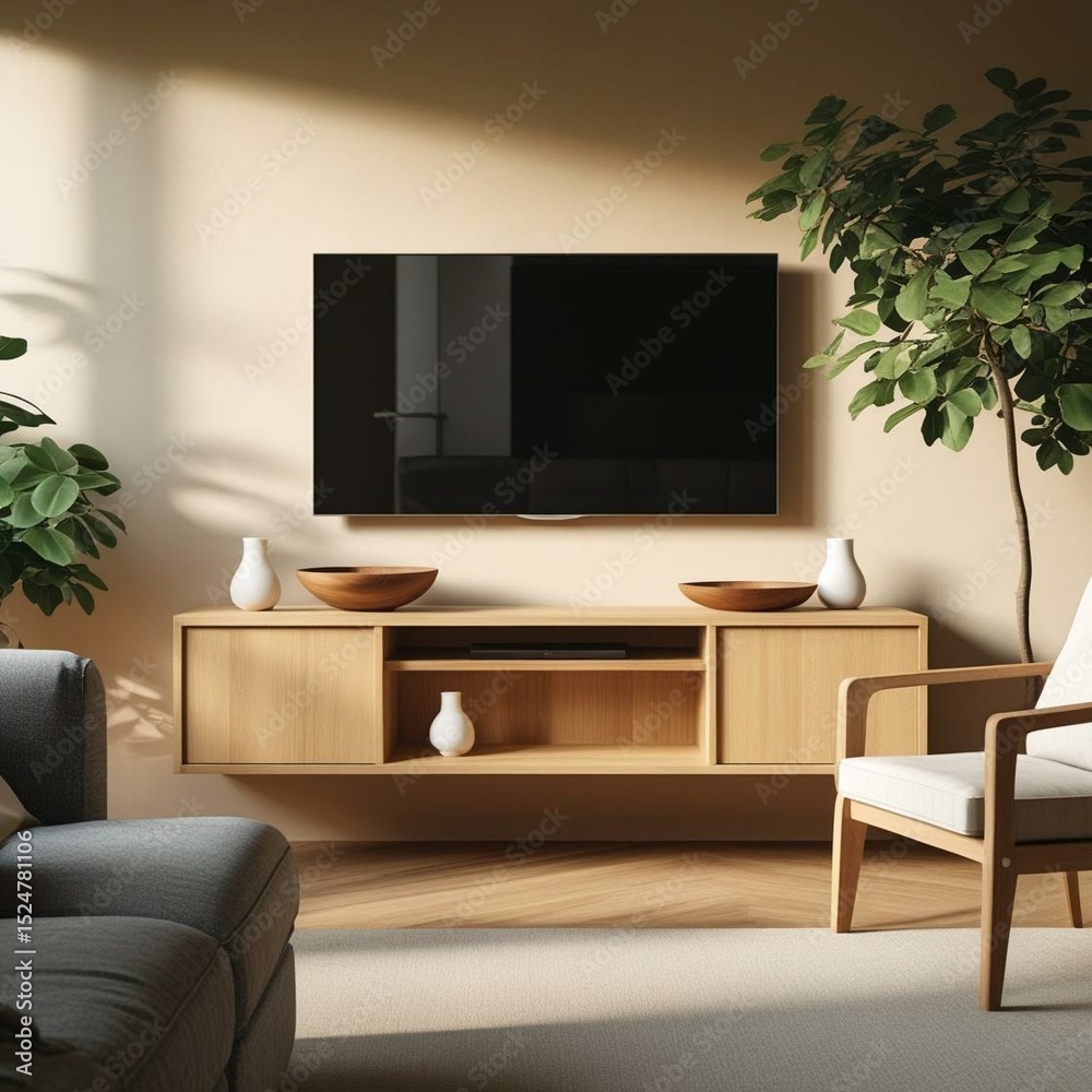 Obraz premium Modern Minimalist Living Room Design TV Entertainment Center with Natural Wood Accents and Plants