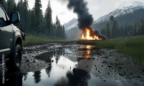 Truck near fire burns in mountain landscape