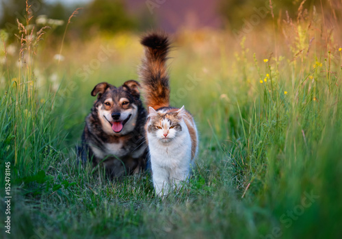 two furry friends cat and dog walking on green grass in sunny summer meadow
