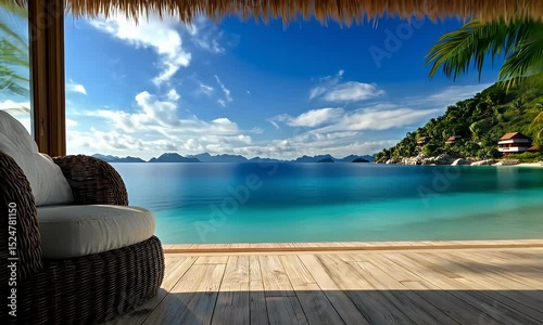 Tropical beach view from cozy patio chair