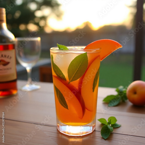 Refreshing peach cocktail with mint garnish and peach slice on a wooden table at sunset outdoors created with generated ai