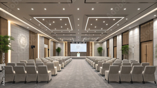 Interior view of a large conference hall with rows of chairs and a stage with screen display created with generated ai
