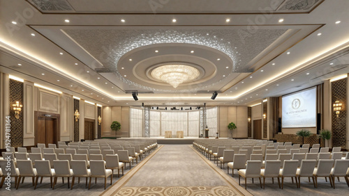 Interior view of a large ballroom with rows of chairs facing a stage and a large screen display setup created with generated ai