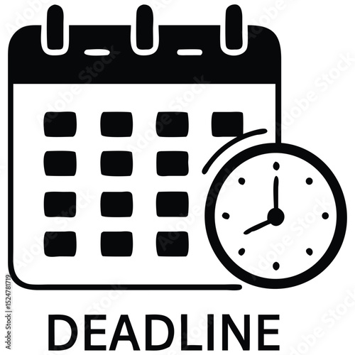 Deadline Icon Black Calendar with Time Clock, Illustrating Time Management and Important Date Concept